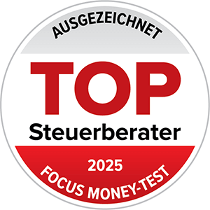 Auszeichnungssiegel: Top Steuerberater 2025 von Focus Money, hervorgehoben in rot und weiß.